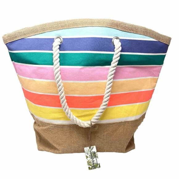 Tommy Bahama Reusable Tote Beach Bag Jute Bottom Rope Handles XL Large Striped - Picture 1 of 9